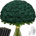 Dark green artificial rose bouquet with dense ruffled petals, wrapped stems visible