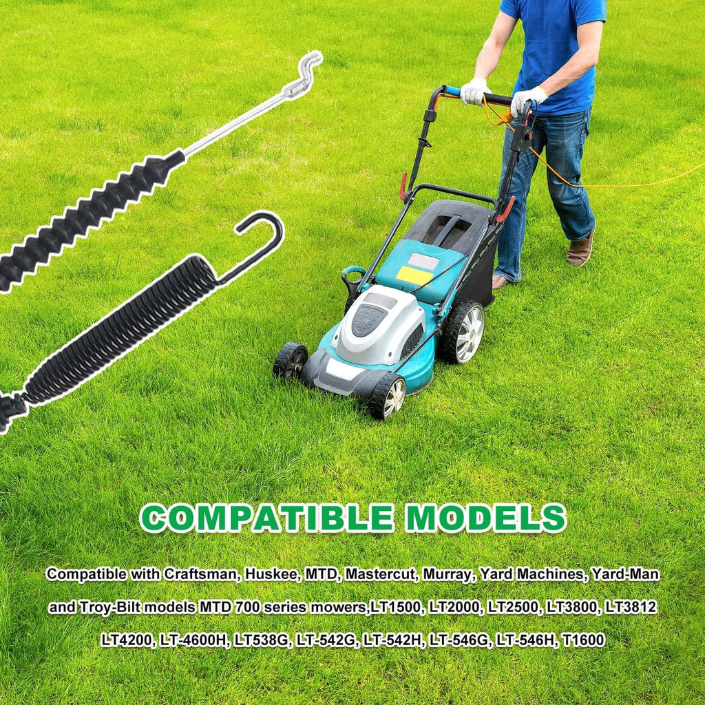 Black cable with coiled spring handle and metal hook end on lawn mower