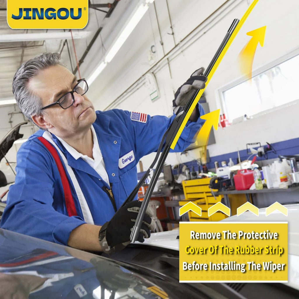 JINGOU technician installing wiper blade, removing protective cover from rubber strip