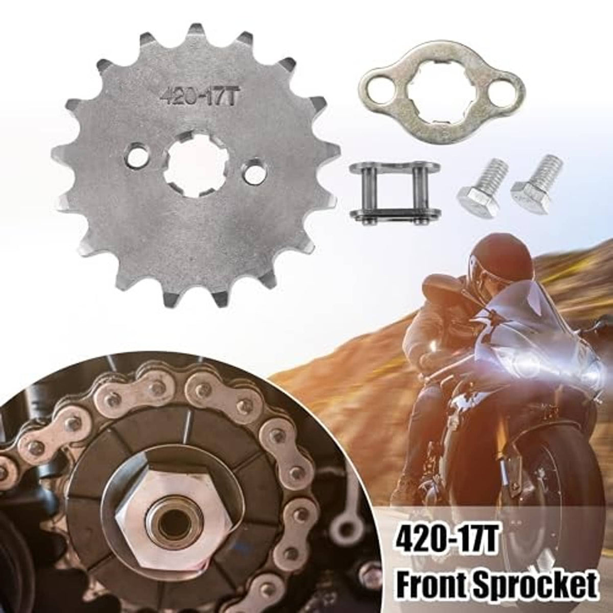 420-17T motorcycle front sprocket set with retainer plate, screws, and spacer links