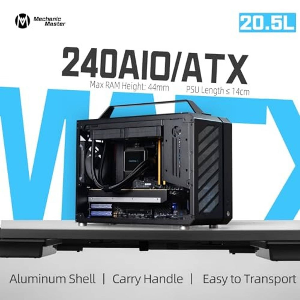 Black compact PC case showing internal components and modular bracket