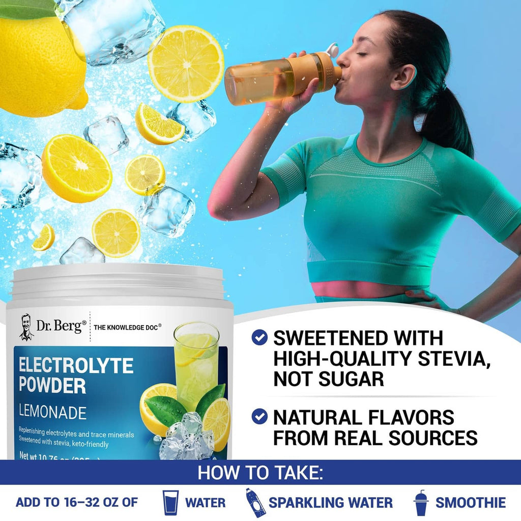 Dr. Berg electrolyte powder tub beside a woman drinking lemonade, blue background