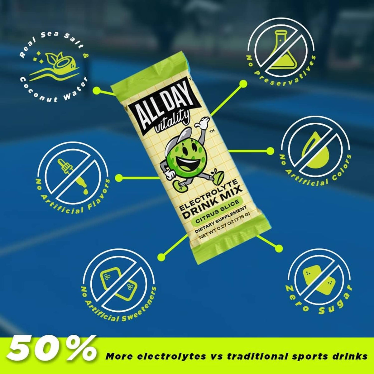 ALL DAY Vitality citrus slice electrolyte drink mix stick packet with benefit icons