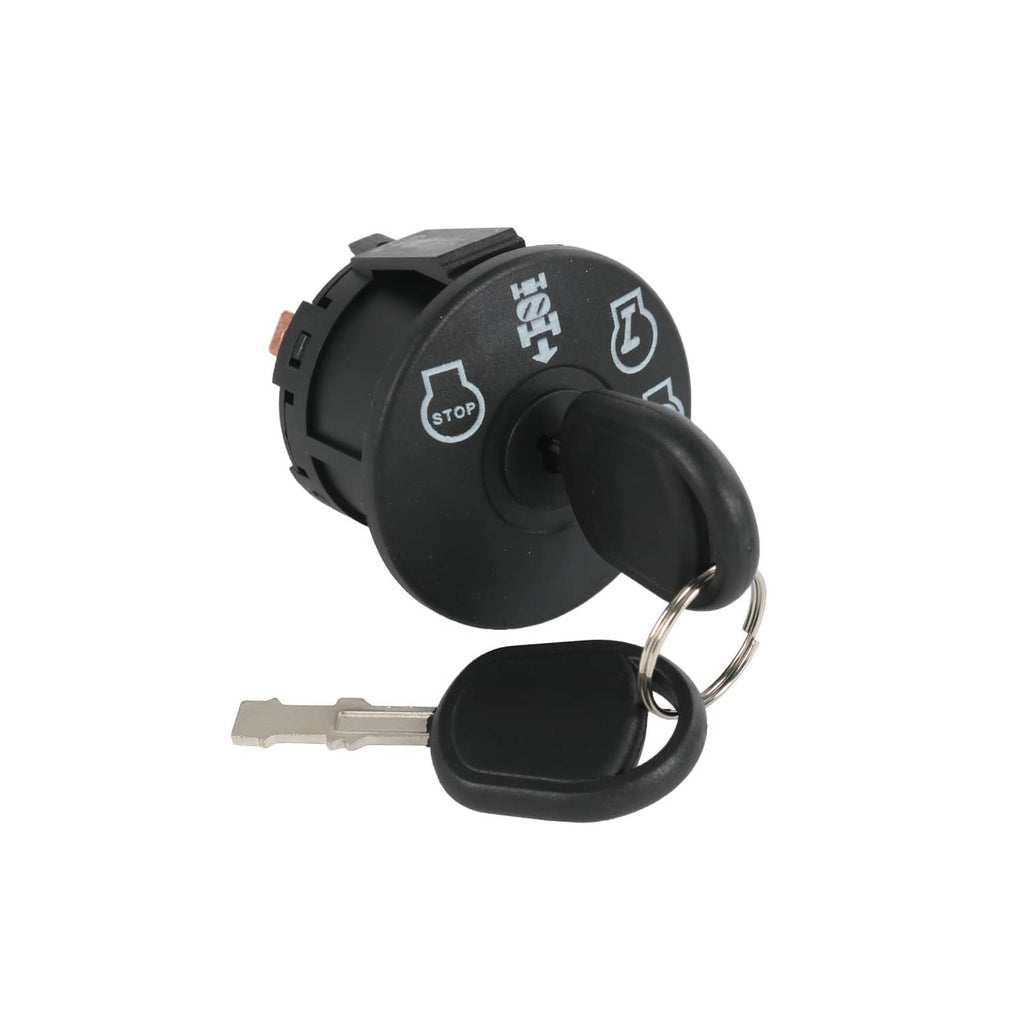 Black ignition switch starter with two keys attached to the circular switch body.