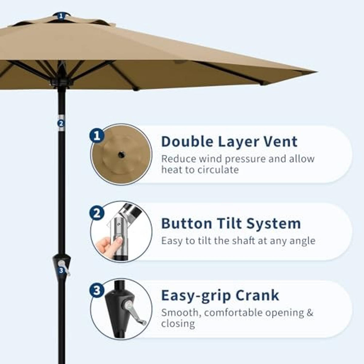 Tan patio umbrella pole with tilt and easy-grip crank mechanism under canopy