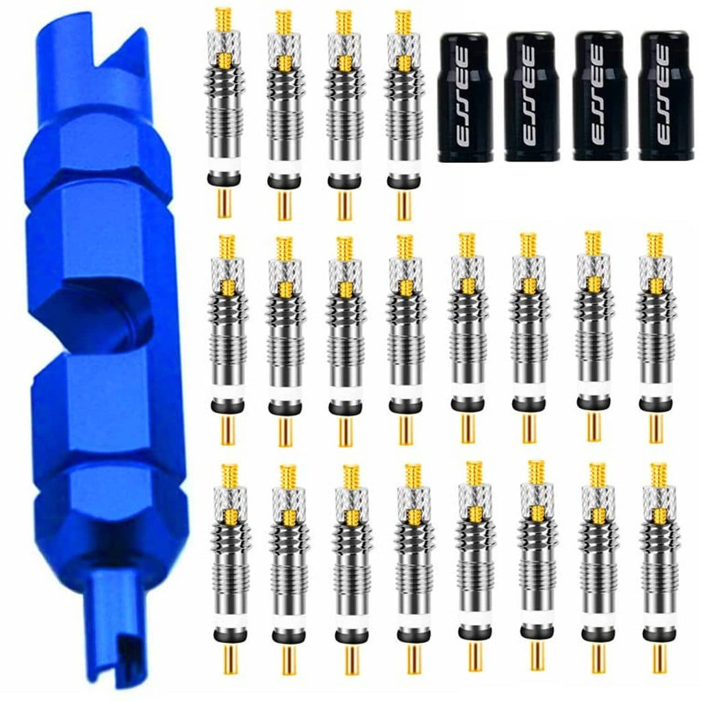 Presta valve core set with blue tool, chrome cores, and black accessory caps