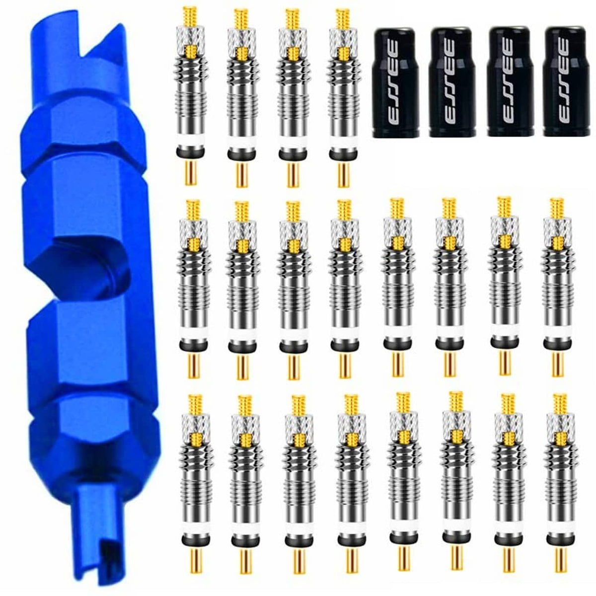 Presta valve core set with blue tool, chrome cores, and black accessory caps
