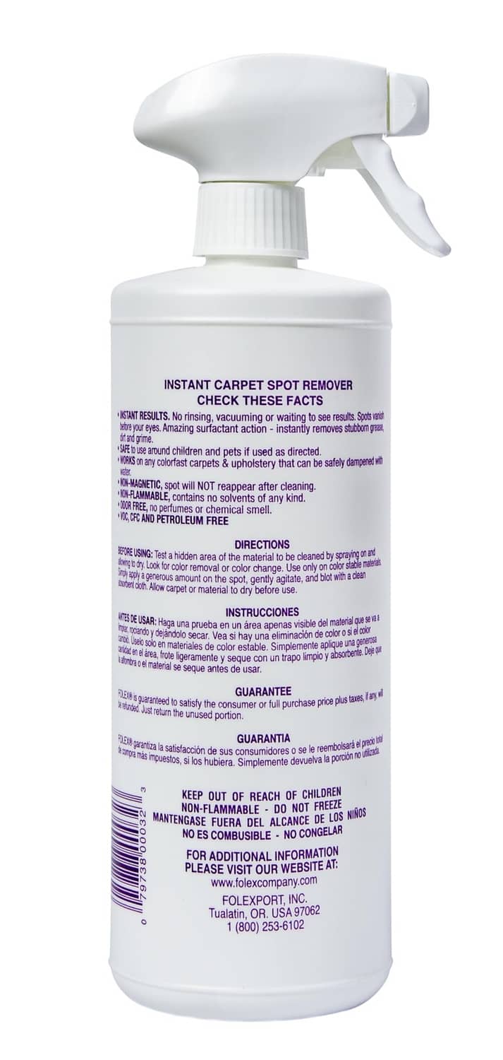 Folex instant carpet spot remover spray bottle with directions label