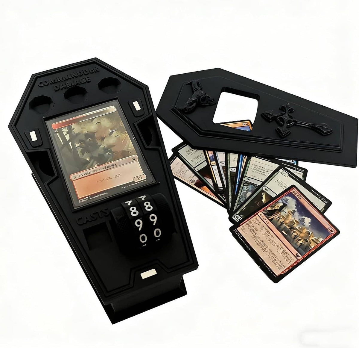 Black coffin-style deck box open with card slots, dice compartment, and included cards