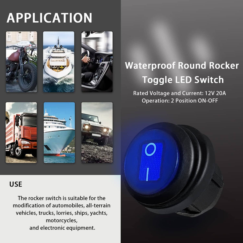 Round rocker toggle LED switch with blue illuminated rocker in black housing