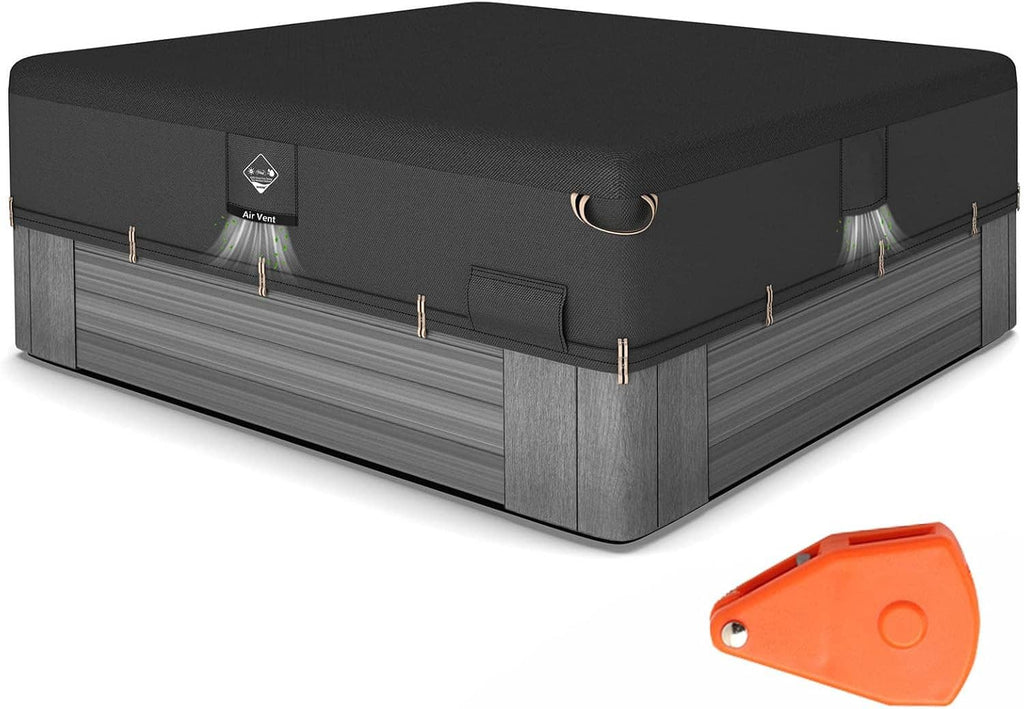Hot tub cover protector with black top and gray side panels, center flap and buckle straps