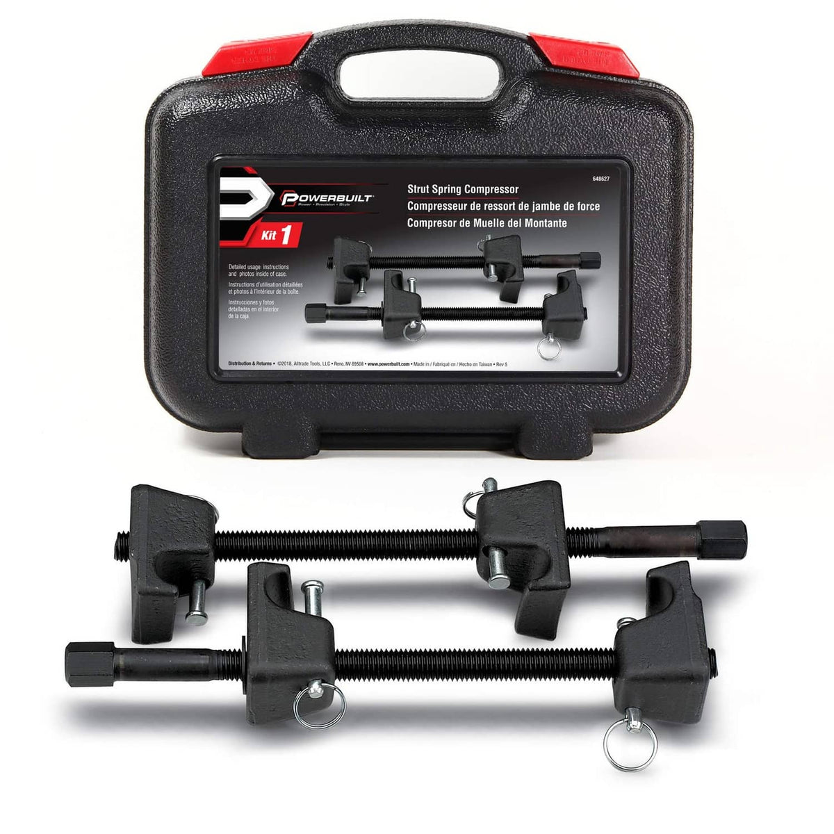 Strut spring compressor kit with black case and twin threaded compressor bars