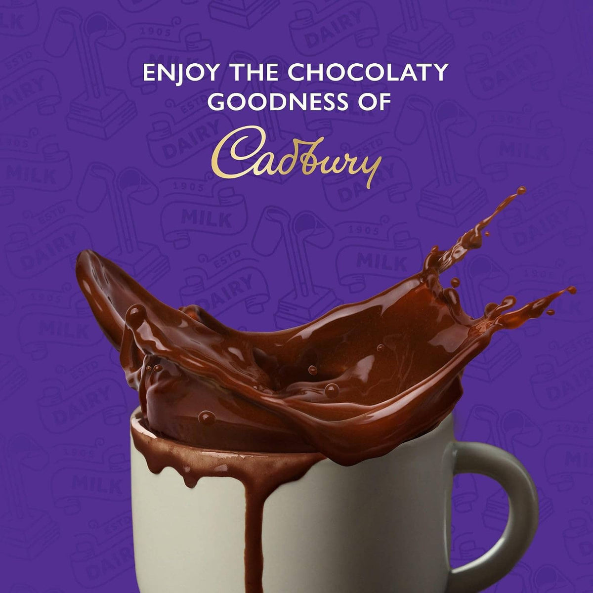 Mug filled with thick dark drinking chocolate with chocolate splash