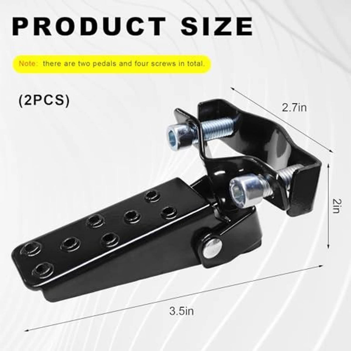 Black foldable clamp-on footrest pedal with screw bolts and drilled mounting plate