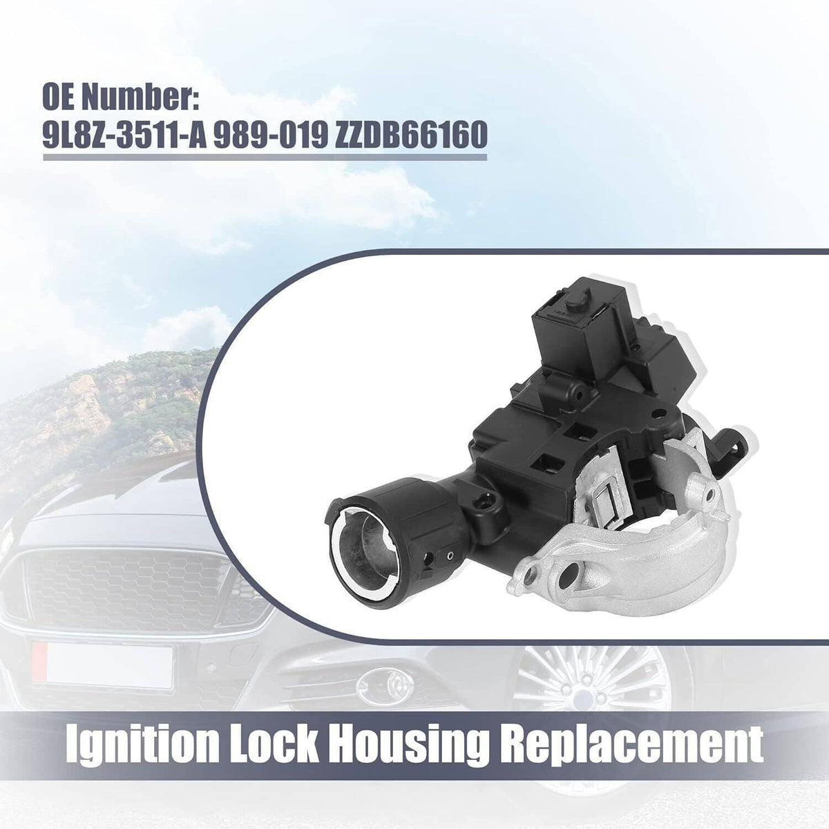 Ignition lock housing replacement part with black body and silver metal mounting arm