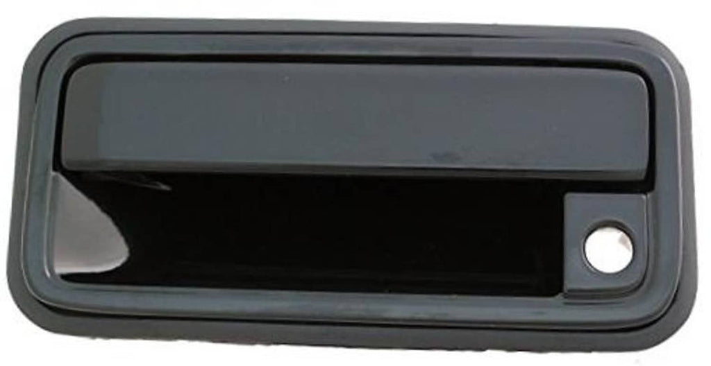 Front exterior door handle for left driver side, dark gray bezel with round mounting hole