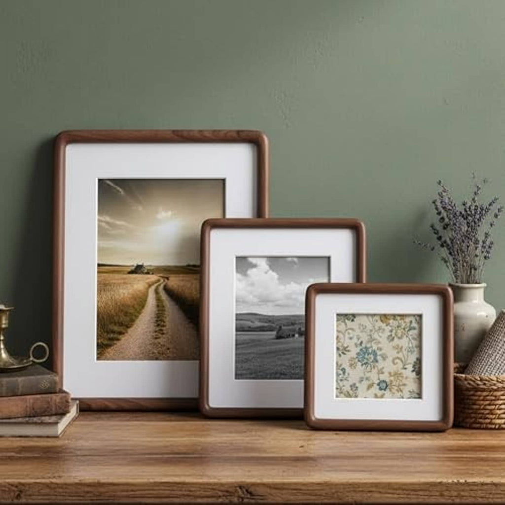 Pair of walnut wood photo frames with white mat, showing two photo inserts on display
