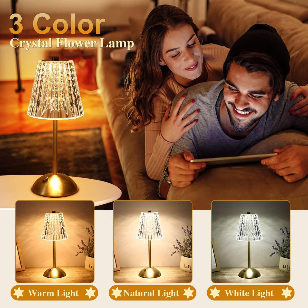 Cordless crystal table lamp glowing warm light from faceted clear shade and gold base