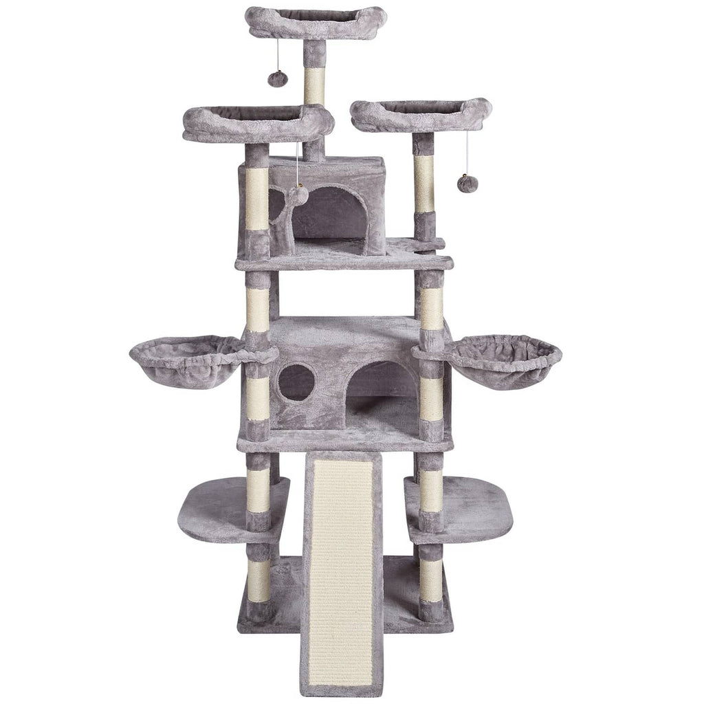 Light gray multi-level cat tree with two enclosed condos, side perches, and ramp