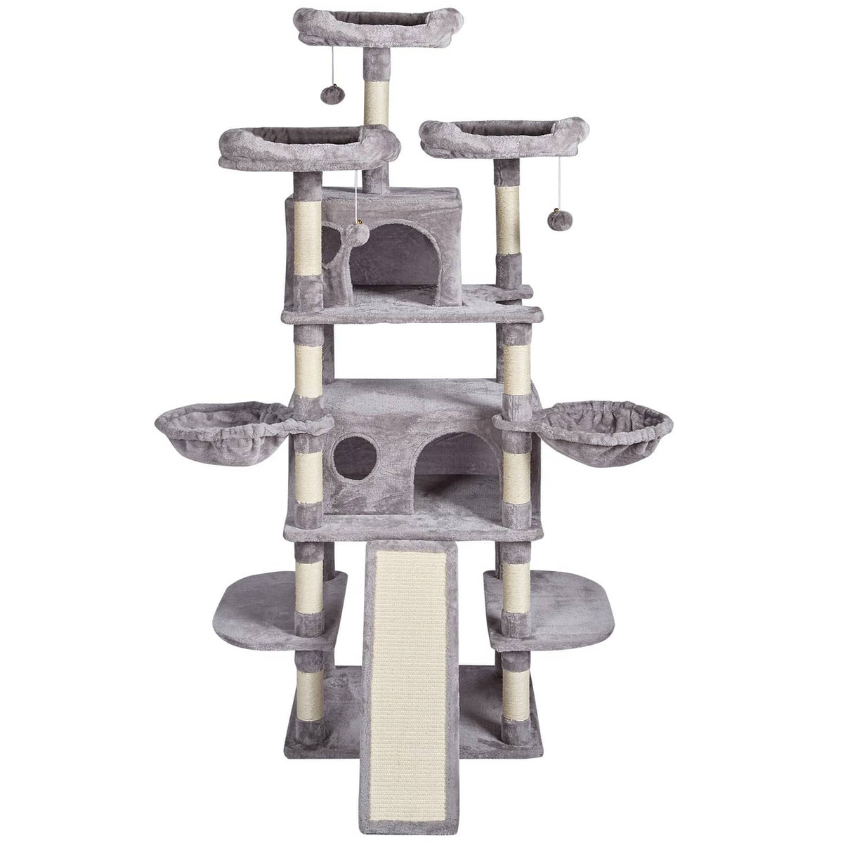 Light gray multi-level cat tree with two enclosed condos, side perches, and ramp