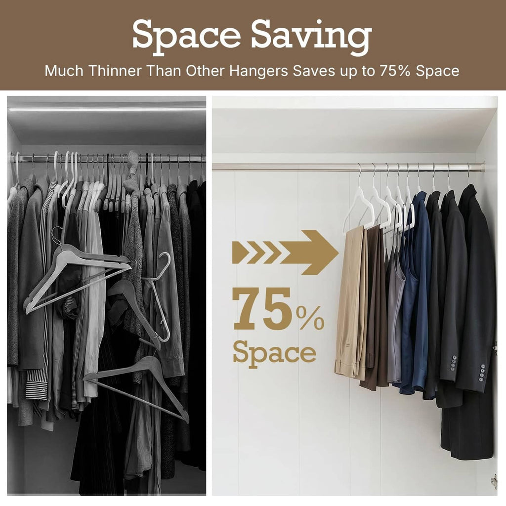Slim velvet clothing hangers for space-saving closet organization, multi-row hanging