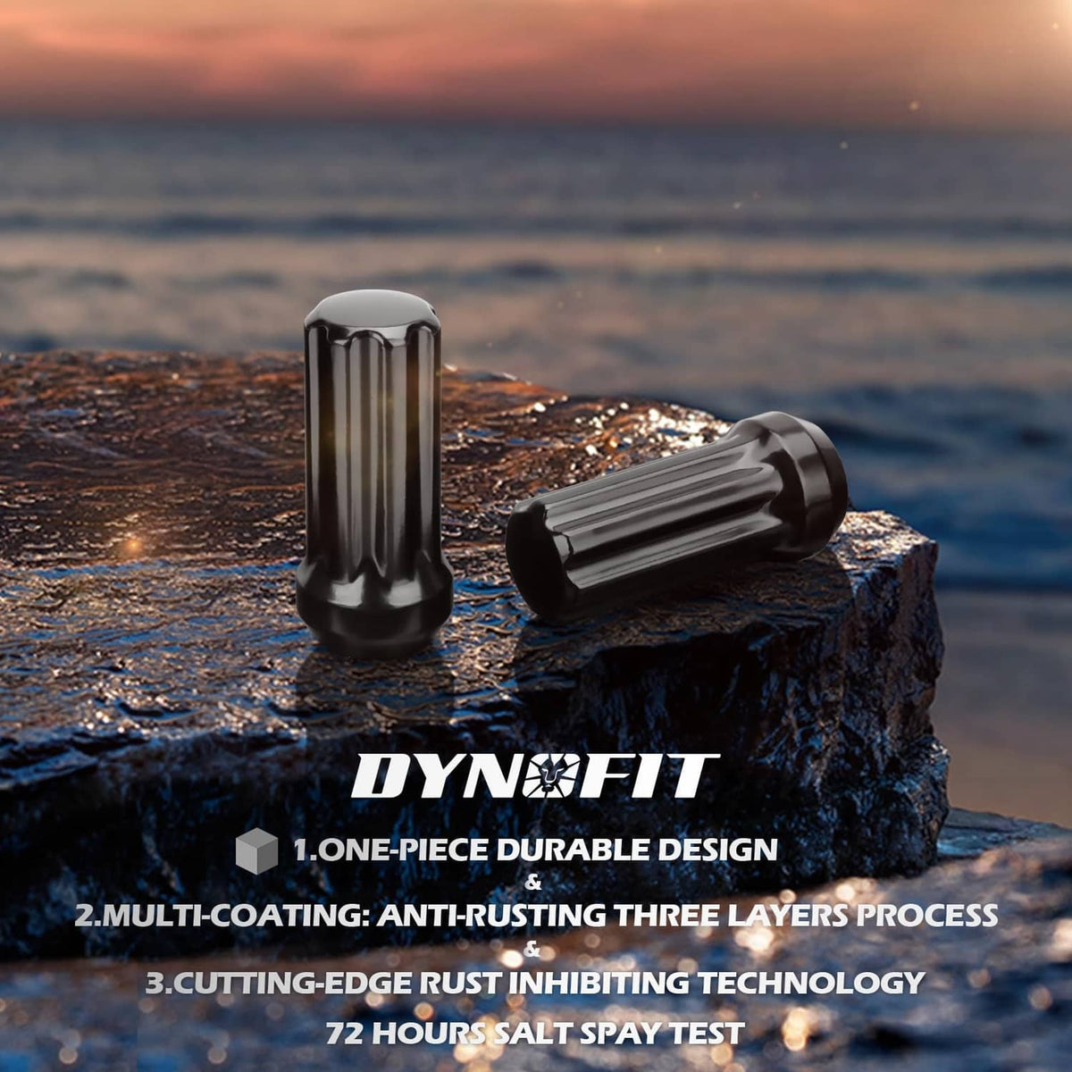 Dynofit black lug nuts with anti-rust coating and 72-hour salt-spray test text
