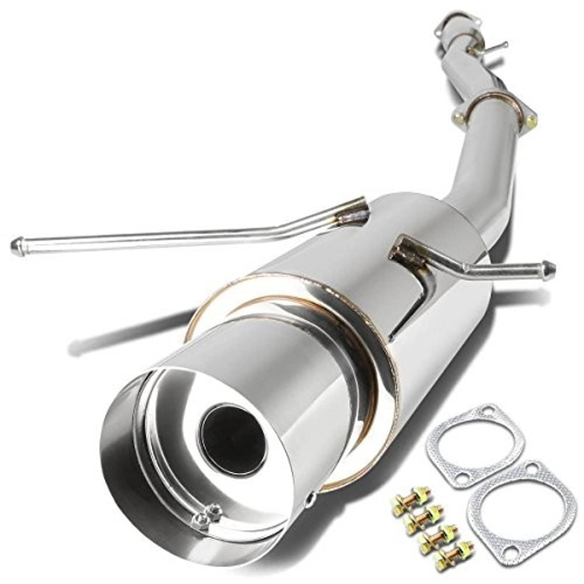 Cat-back exhaust system with silver muffler, pipe section, mounting bolts, and gaskets