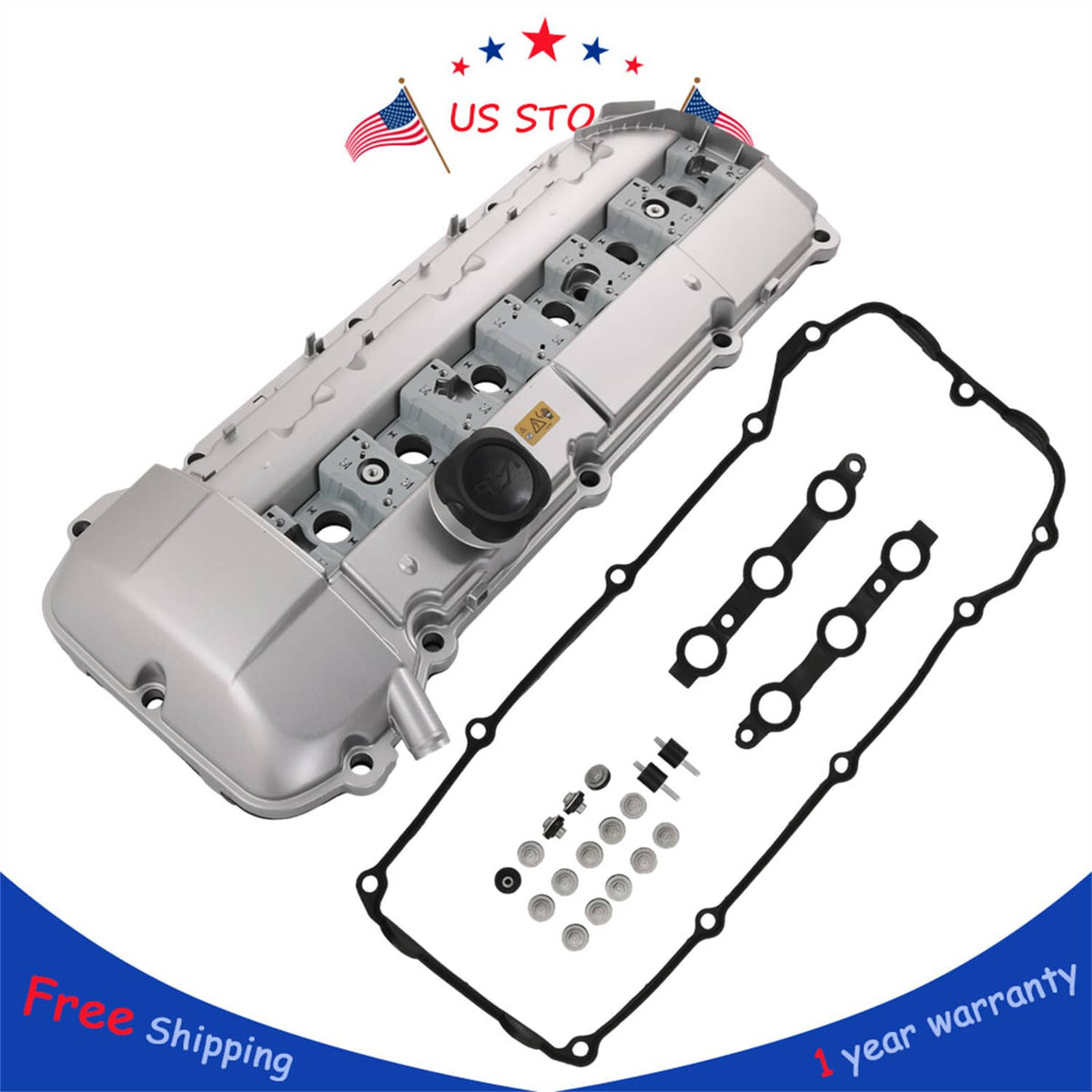 Aluminum valve cover kit with gasket and bolts, light gray engine cover assembly
