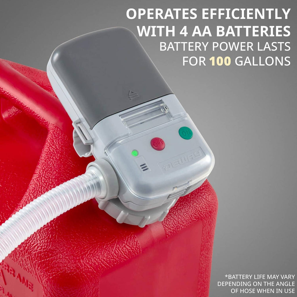 Battery powered fuel transfer pump head with indicator lights on red fuel can