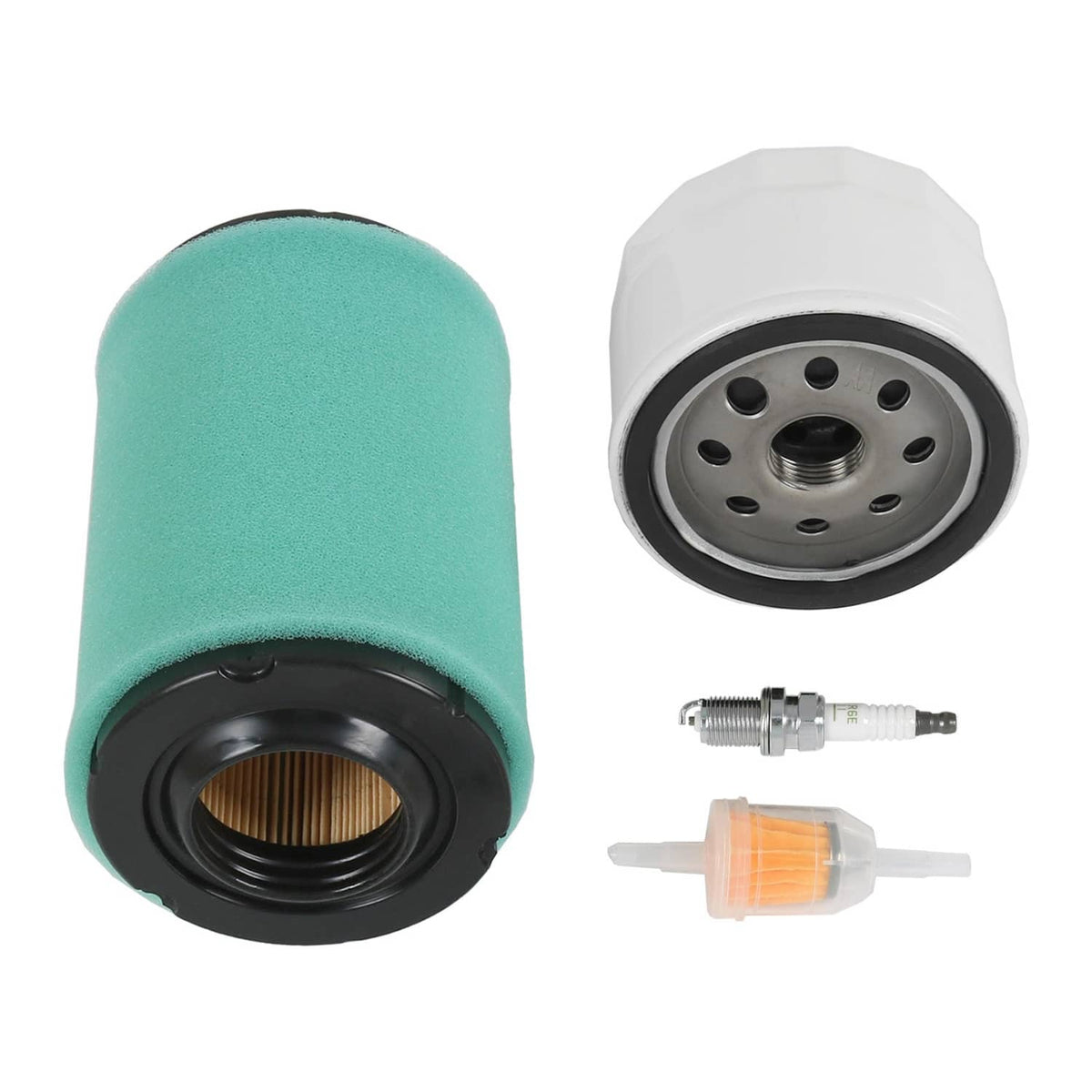 Air filter foam cylinder and oil filter canister with spark plug and fuel filter
