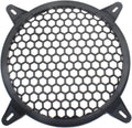 Black hex honeycomb speaker grill with four mounting tabs, protective subwoofer cover