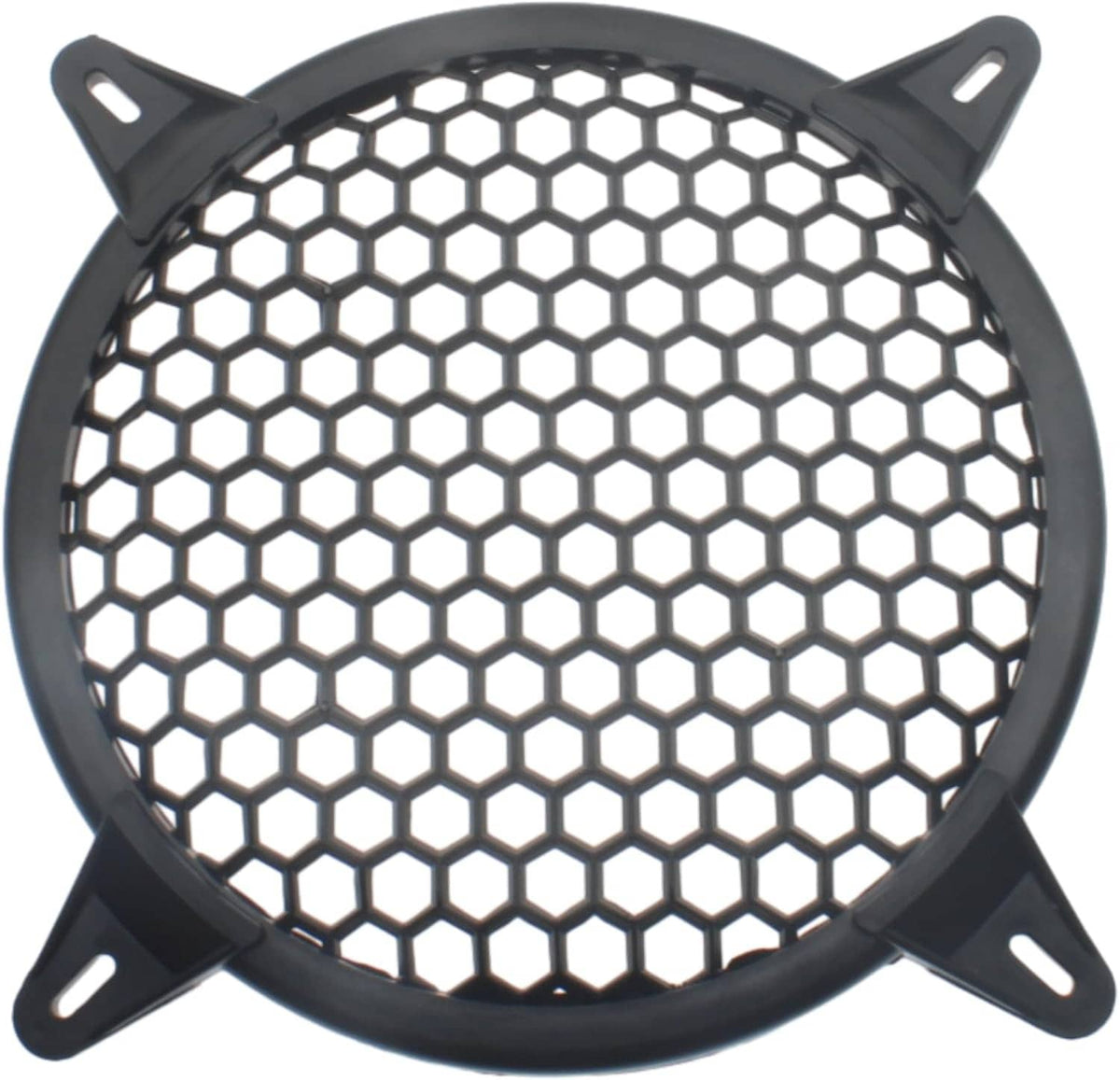 Black hex honeycomb speaker grill with four mounting tabs, protective subwoofer cover