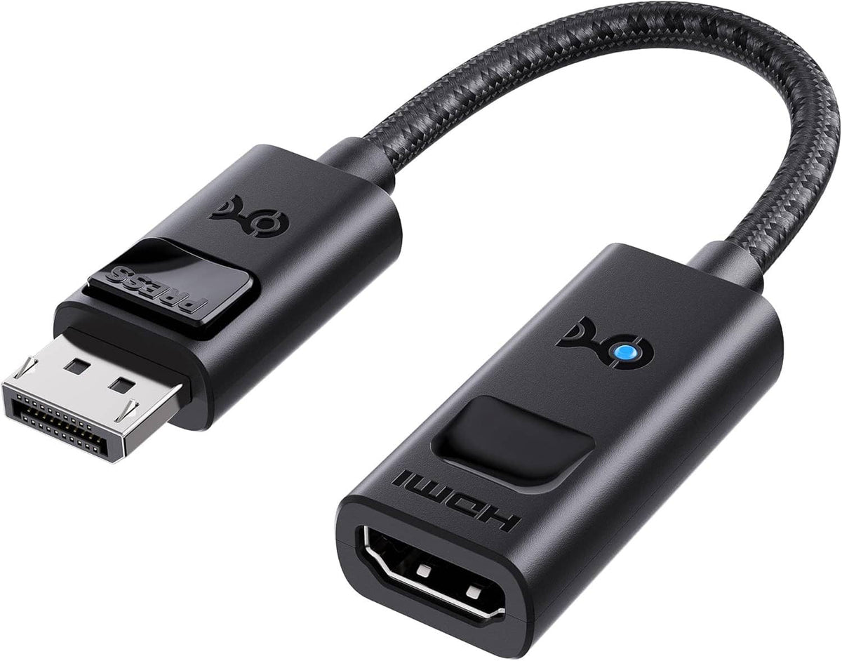 DisplayPort to HDMI adapter with black nylon-braided cable and compact connectors.