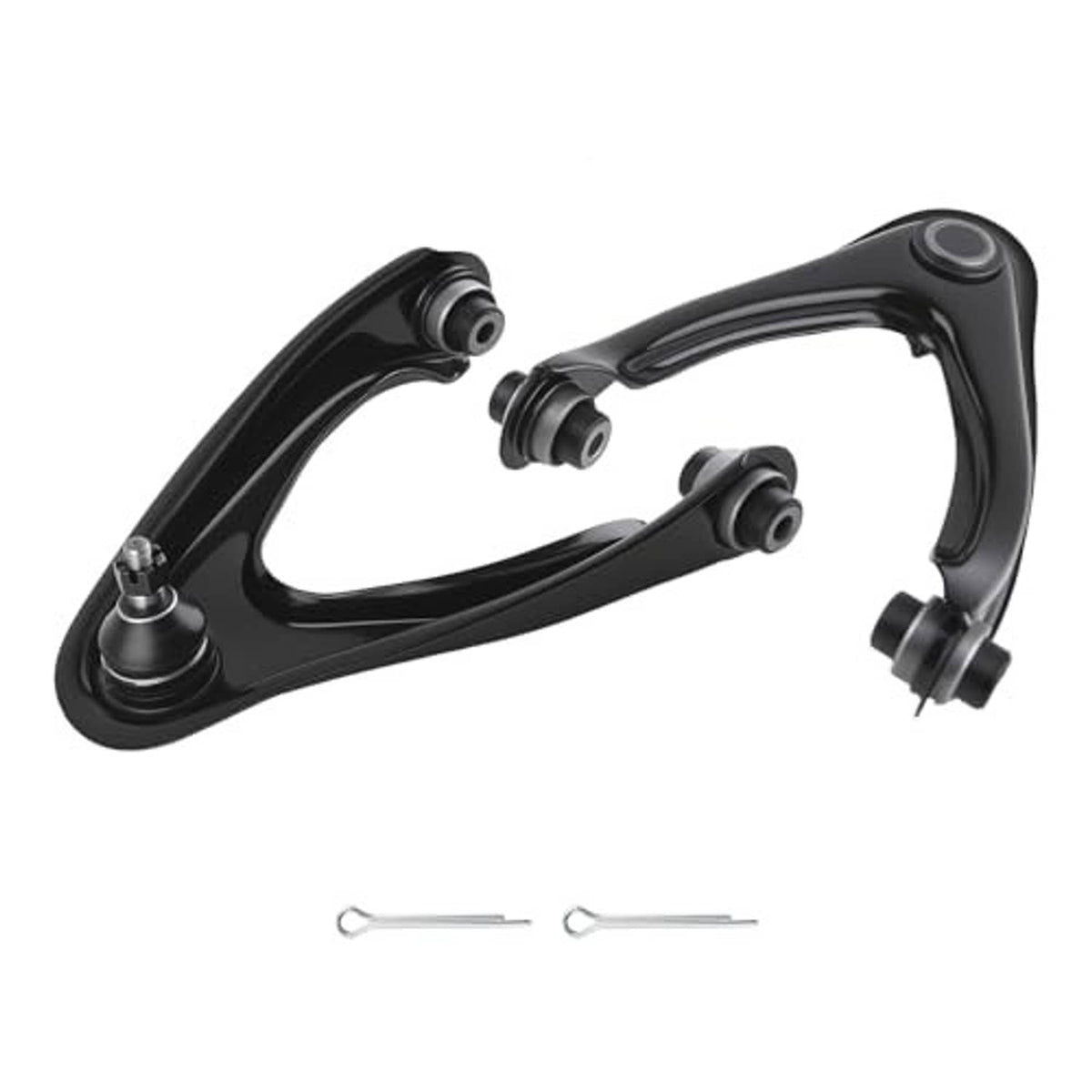 Pair of front upper control arms with ball joints, black finish, with bushings