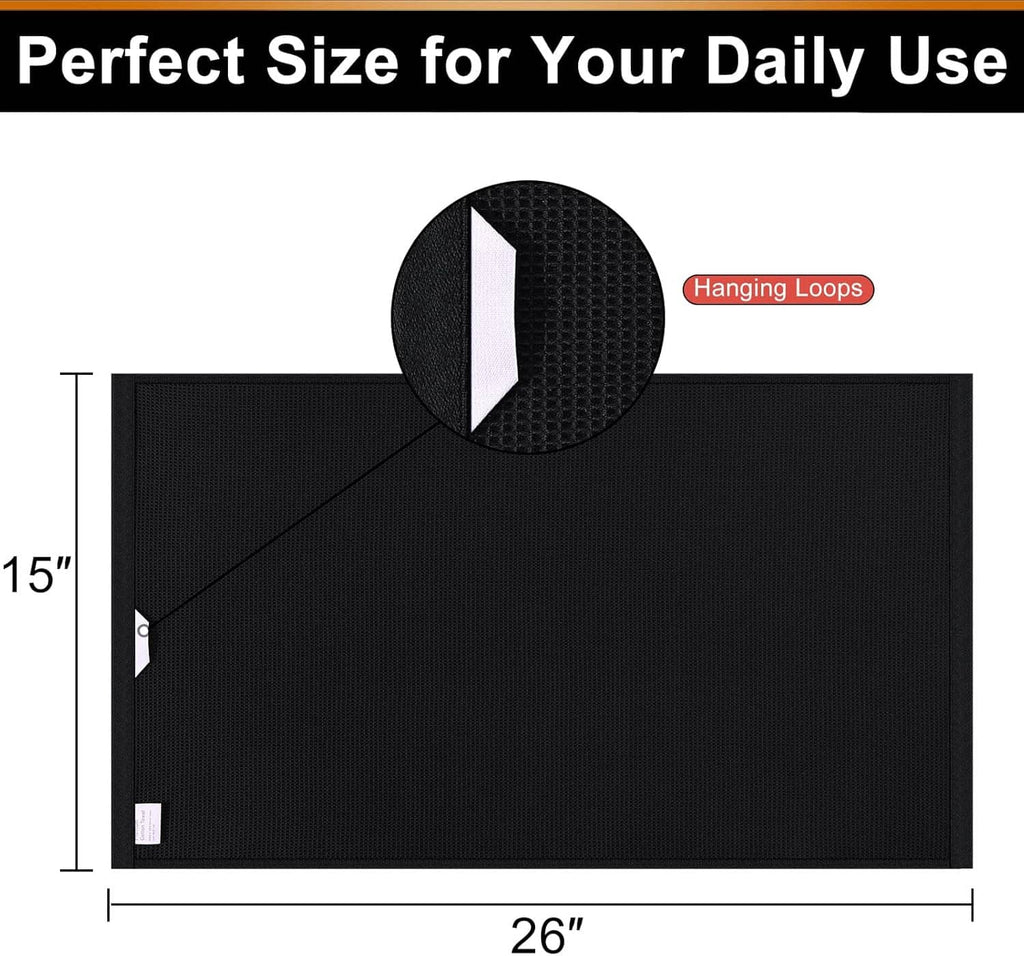 Black waffle weave cotton towel with hanging loop and size lines, shown flat
