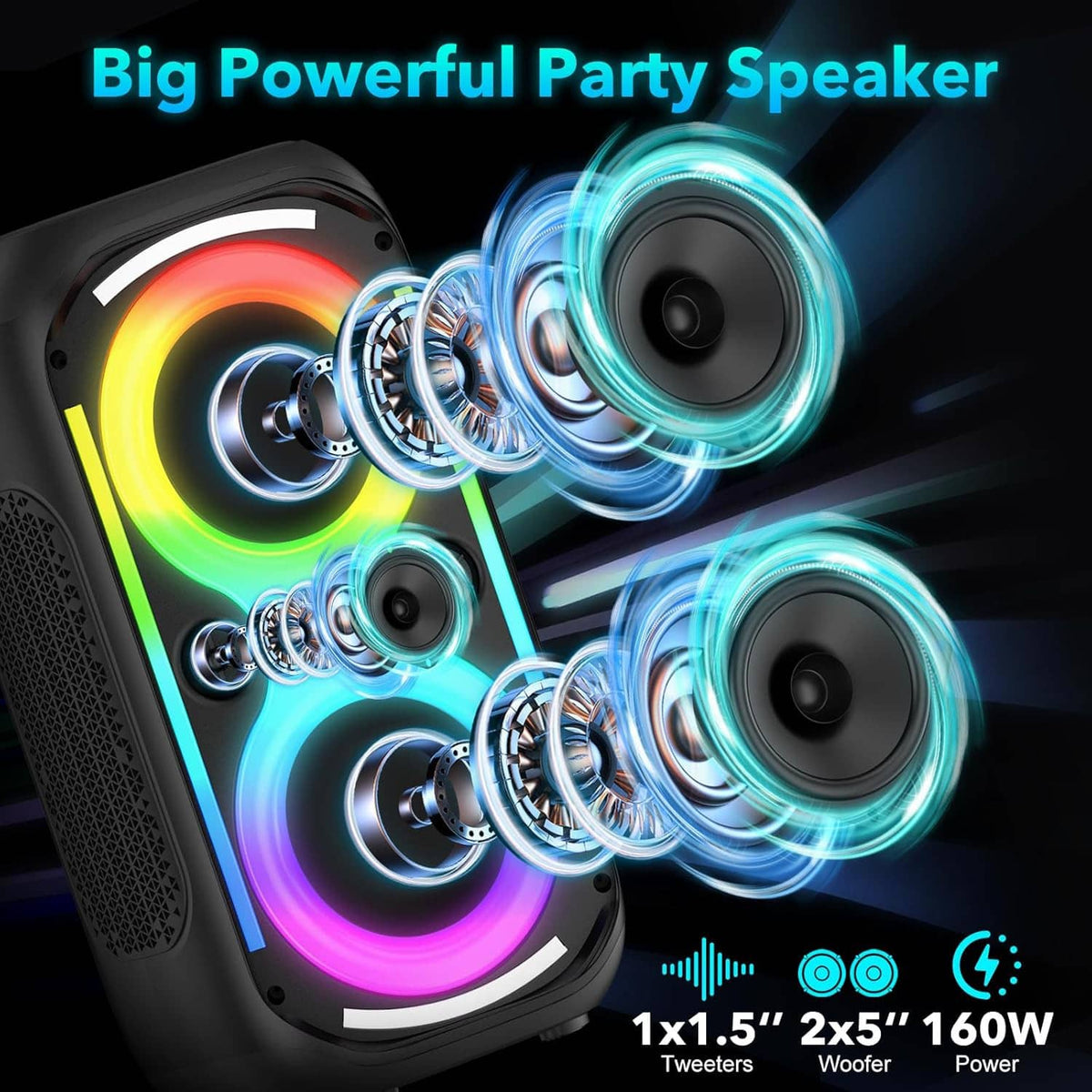 Party speaker with dual drivers and swirling RGB LED glow, black housing