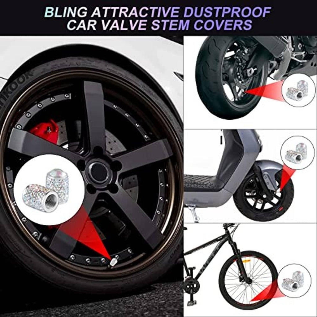 Crystal rhinestone tire valve cap with silver threaded nozzle shown on a wheel