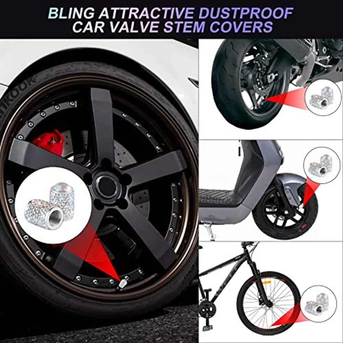Crystal rhinestone tire valve cap with silver threaded nozzle shown on a wheel