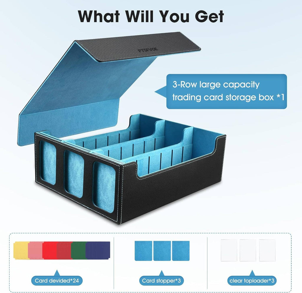 Trading card storage box with 3-row interior compartments, blue dividers and open lid
