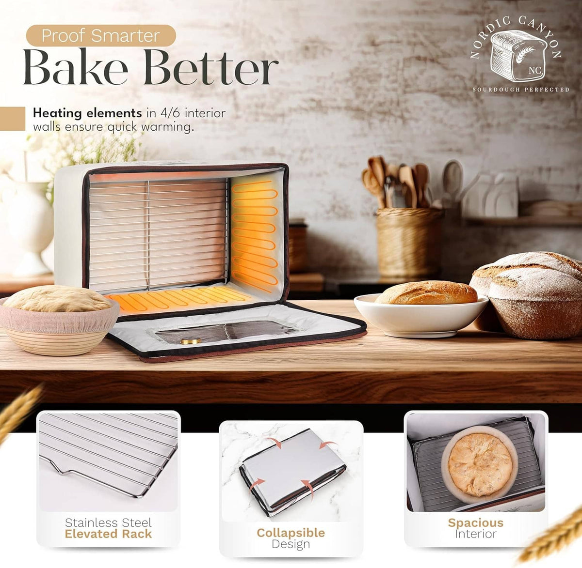 Bread proofing box heater interior with adjustable heating panel and interior rack