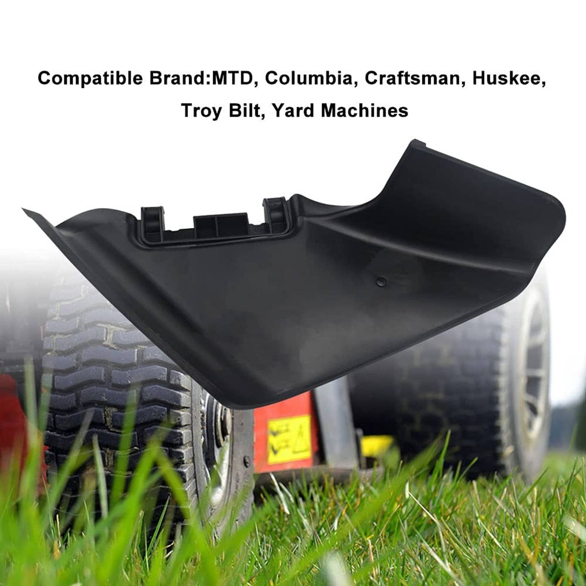 Black side discharge chute angled view with mounting clips and yellow danger warning label