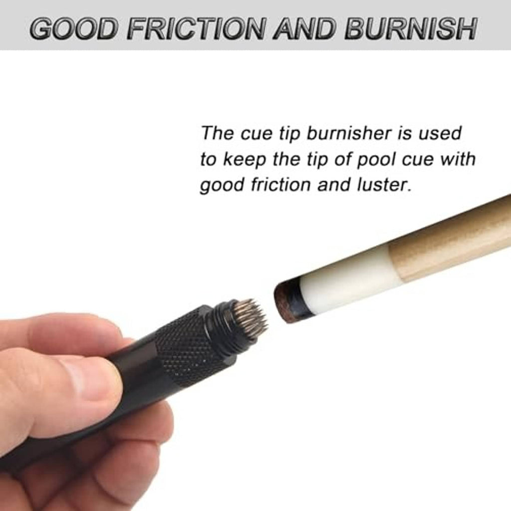 Cue tip burnisher end on black tool handle with textured grip