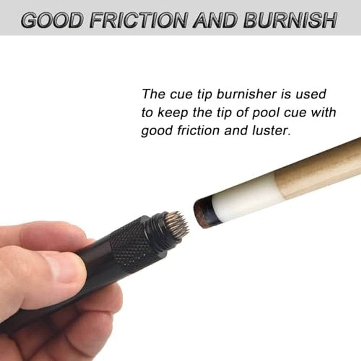 Cue tip burnisher end on black tool handle with textured grip