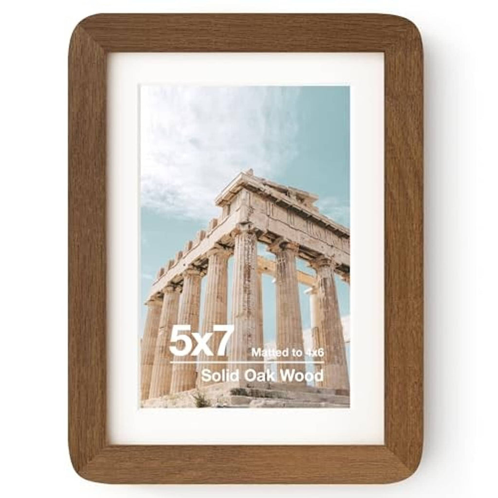 Front view of oak wood 5x7 photo frame with white mat and rounded corners