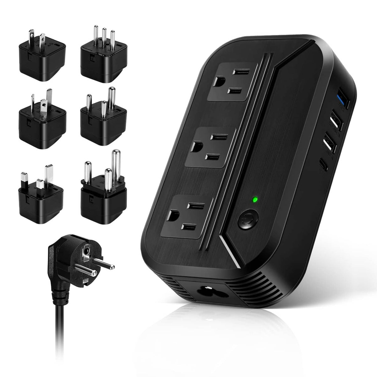 Universal voltage converter with multiple plug adapters and USB ports on device body