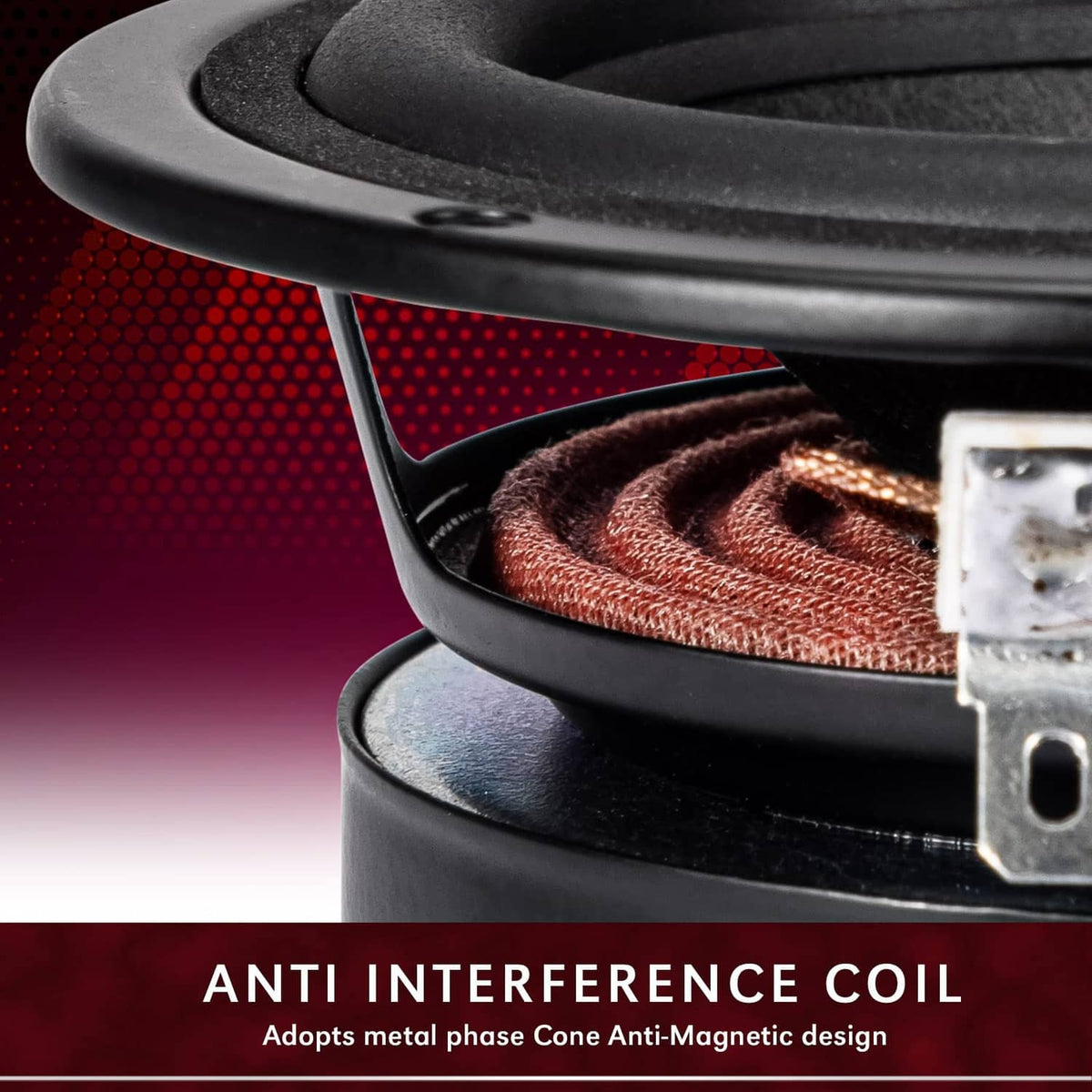 Black speaker woofer driver with anti-interference coil and copper winding detail