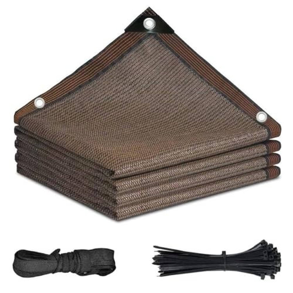 Brown privacy screen cloth bundle with grommeted corners and securing ties