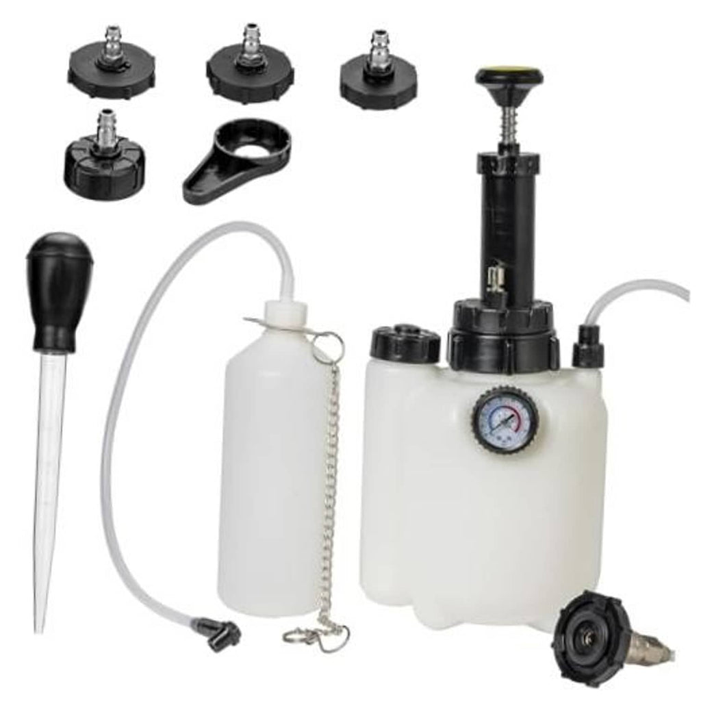 Manual brake fluid bleeder kit with white 1L waste bottle, gauge, and hoses