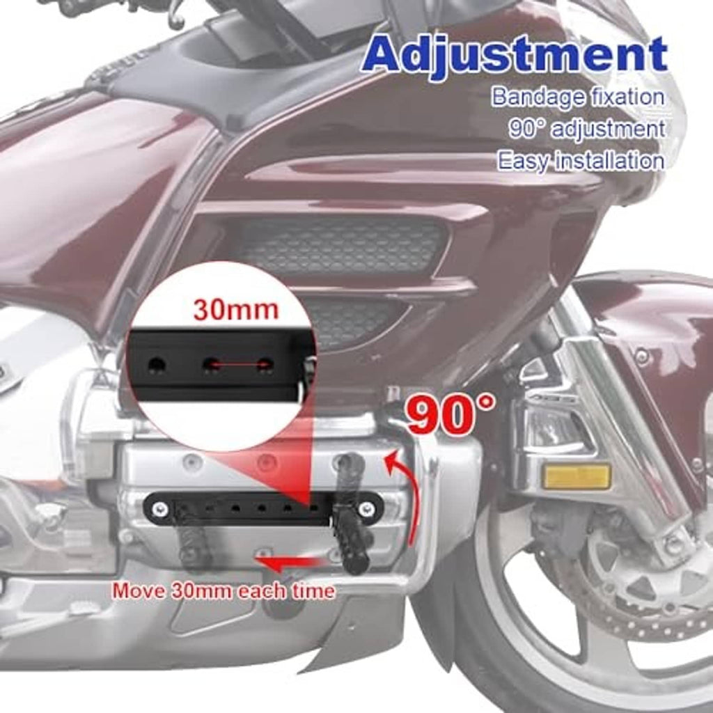 Adjustable highway peg mount on motorcycle with perforated bar and mounting bracket