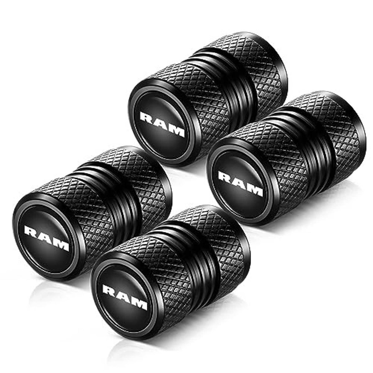 Black RAM valve stem caps, knurled grip with ribbed bands and circular RAM logo tops